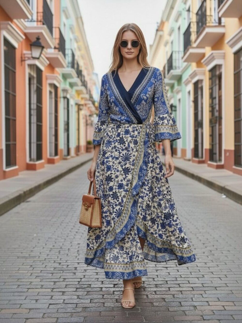 Cato Navy, Cream & Gold Floral Wrap Maxi Dress Size M